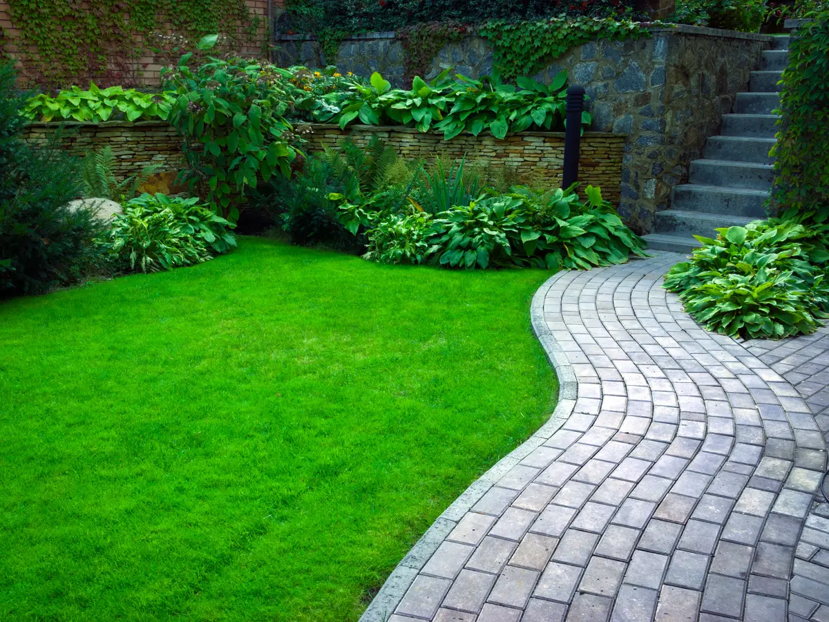 Curved paver path through a lawn to stone garden steps