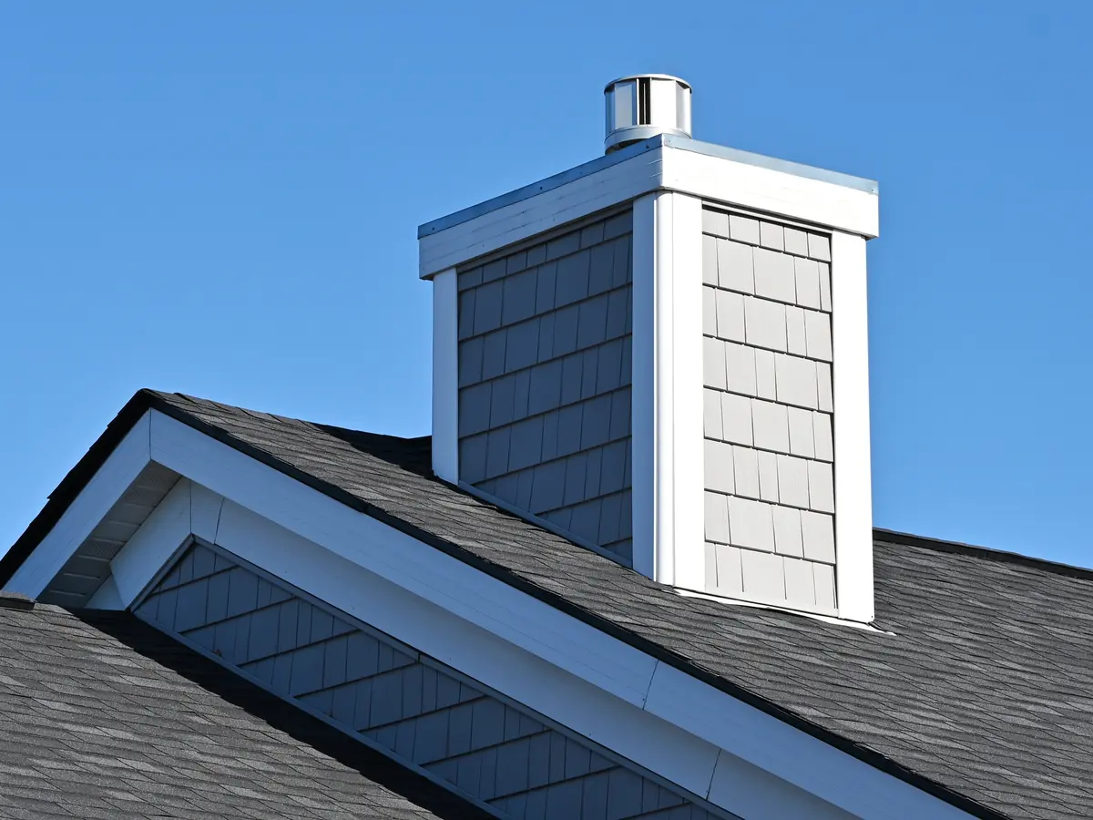 Dark asphalt shingle roof around a sided chimney and gable