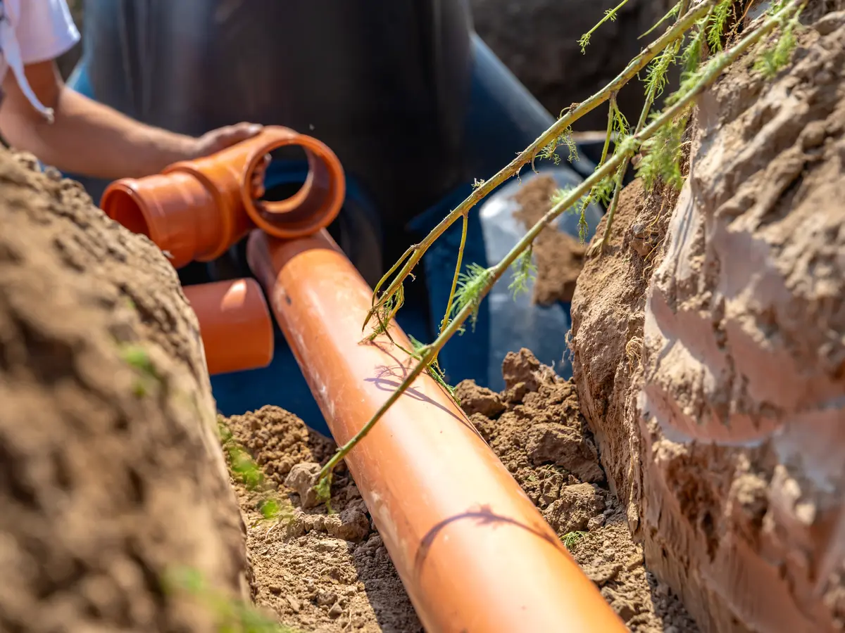 Drainage pipe being laid along the bottom of a trench