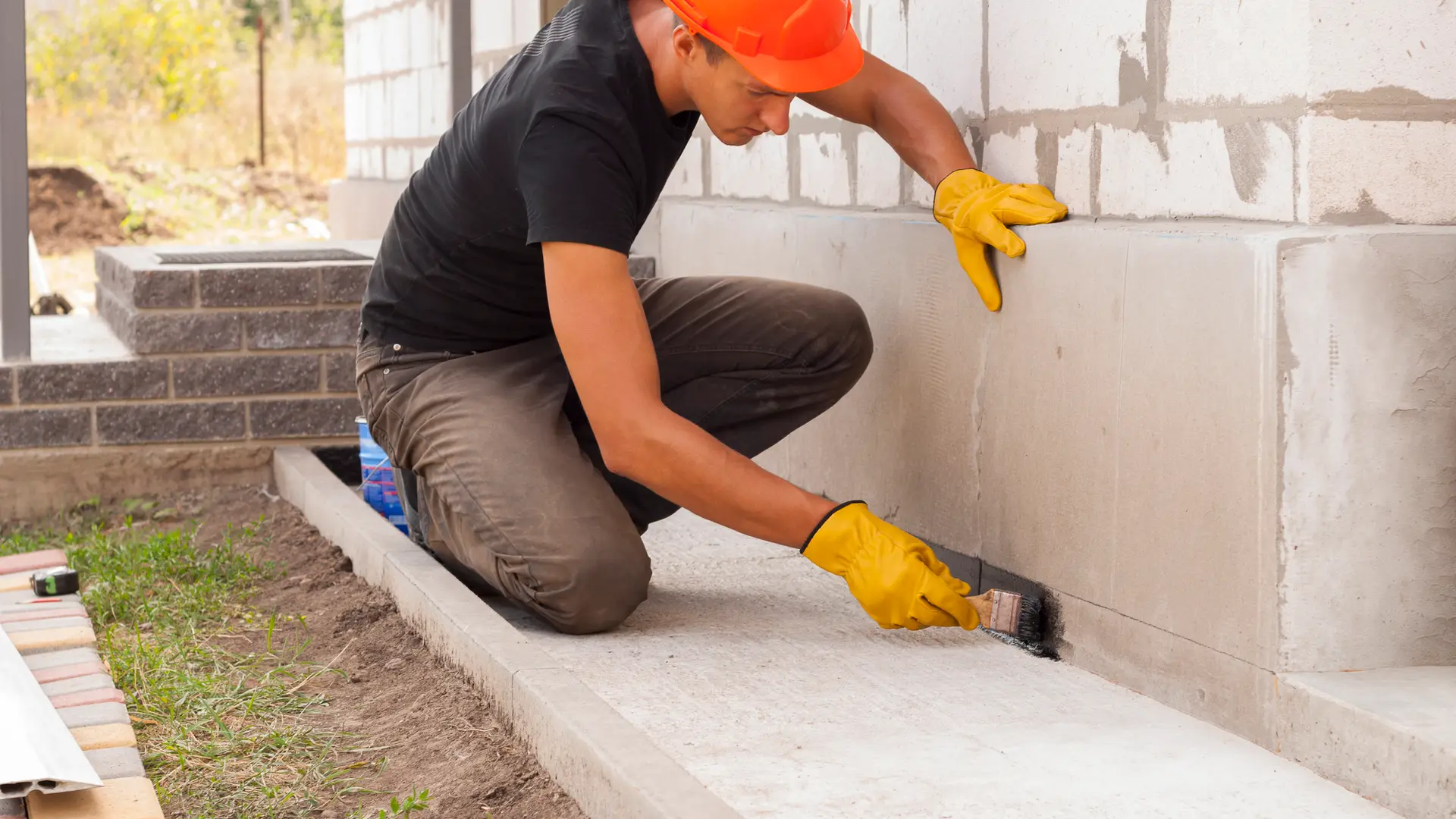 Worker sealing the outside of a concrete foundation wall with a brush