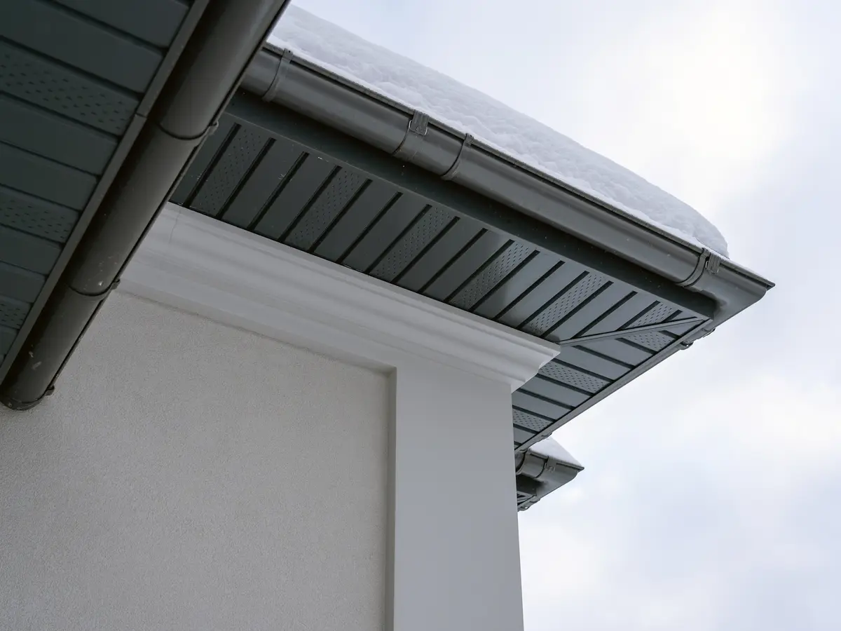 Grey vented soffit and fascia below a snow-covered roof edge
