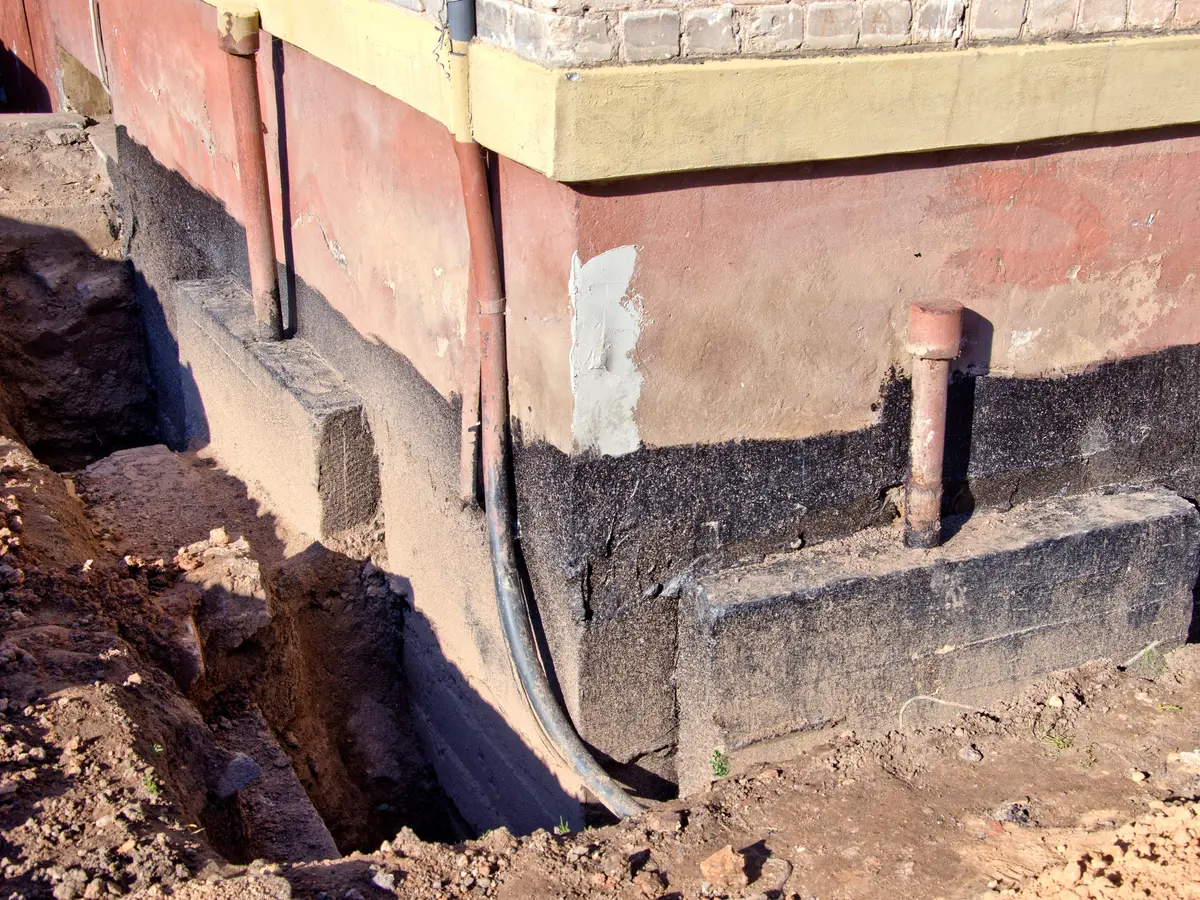 Excavated foundation wall being sealed with bitumen