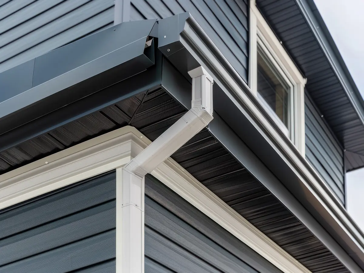 Dark grey horizontal siding with white trim and a downspout