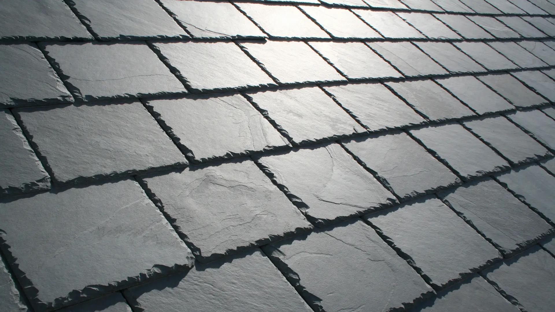 Natural slate roof with the light catching its edges